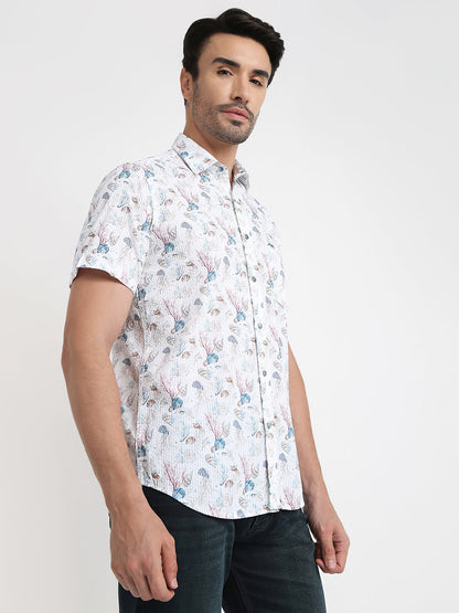 Colorplus Men Blue Printed Regular Fit Cotton Half Sleeve Casual Shirt