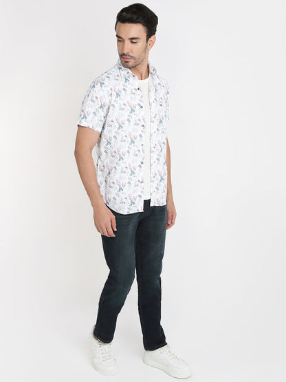 Colorplus Men Blue Printed Regular Fit Cotton Half Sleeve Casual Shirt