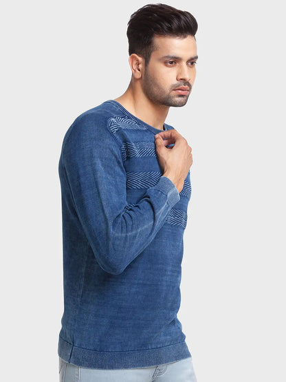 Men Blue Tailored Fit Jacquard Cotton Full Sleeve Round Collar Sweaters