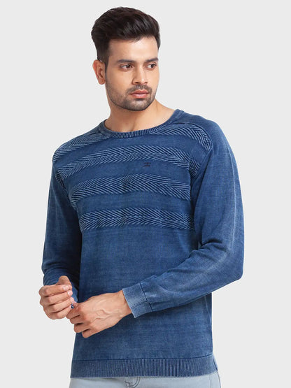 Men Blue Tailored Fit Jacquard Cotton Full Sleeve Round Collar Sweaters