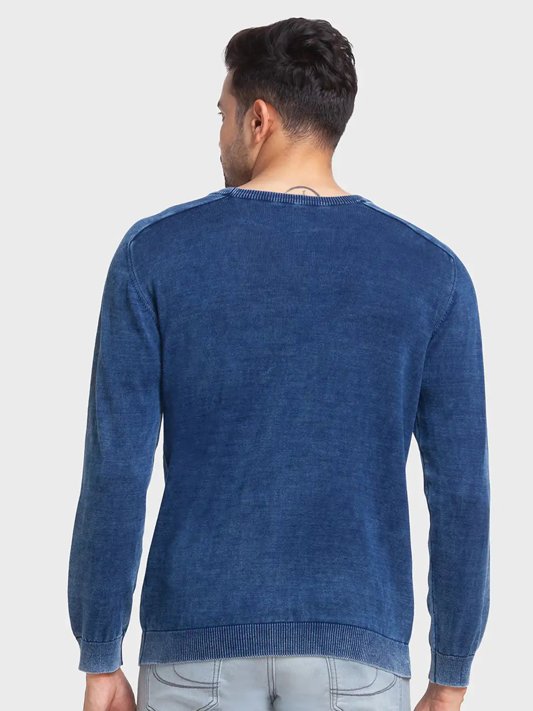 Men Blue Tailored Fit Jacquard Cotton Full Sleeve Round Collar Sweaters
