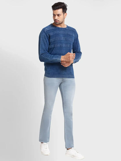 Men Blue Tailored Fit Jacquard Cotton Full Sleeve Round Collar Sweaters