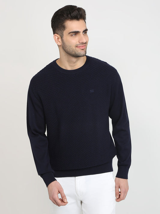 Colorplus Men Blue Jacquard Regular Fit Cotton Full Sleeve Round Neck Collar Sweater