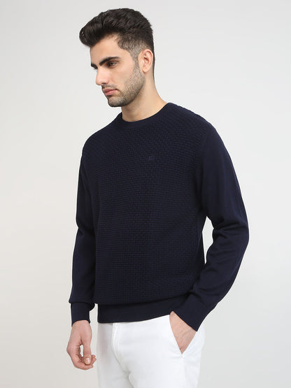 Colorplus Men Blue Jacquard Regular Fit Cotton Full Sleeve Round Neck Collar Sweater