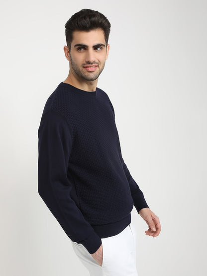 Colorplus Men Blue Jacquard Regular Fit Cotton Full Sleeve Round Neck Collar Sweater