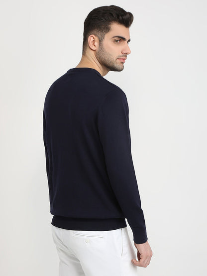 Colorplus Men Blue Jacquard Regular Fit Cotton Full Sleeve Round Neck Collar Sweater