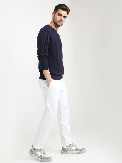 Colorplus Men Blue Jacquard Regular Fit Cotton Full Sleeve Round Neck Collar Sweater
