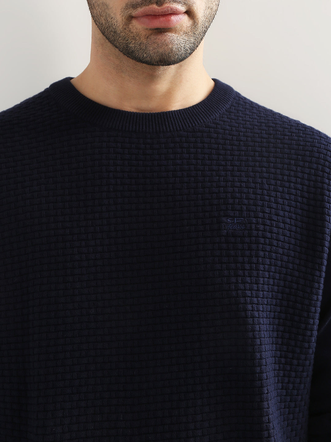 Colorplus Men Blue Jacquard Regular Fit Cotton Full Sleeve Round Neck Collar Sweater