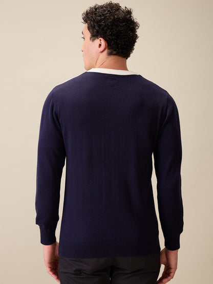 Colorplus Men Blue Jacquard Regular Fit Cotton Full Sleeve Round Neck Collar Sweater