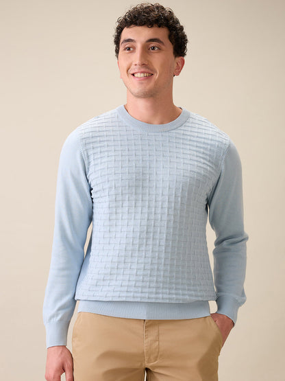 Colorplus Men Blue Jacquard Regular Fit Cotton Full Sleeve Round Neck Collar Sweater