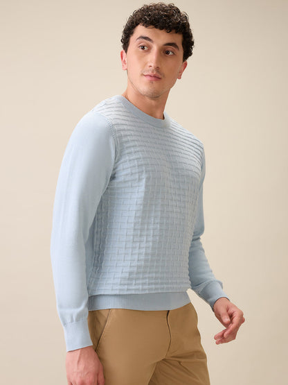 Colorplus Men Blue Jacquard Regular Fit Cotton Full Sleeve Round Neck Collar Sweater