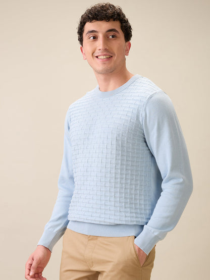 Colorplus Men Blue Jacquard Regular Fit Cotton Full Sleeve Round Neck Collar Sweater