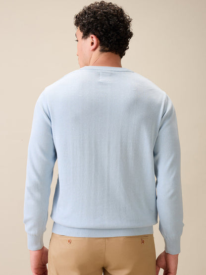 Colorplus Men Blue Jacquard Regular Fit Cotton Full Sleeve Round Neck Collar Sweater