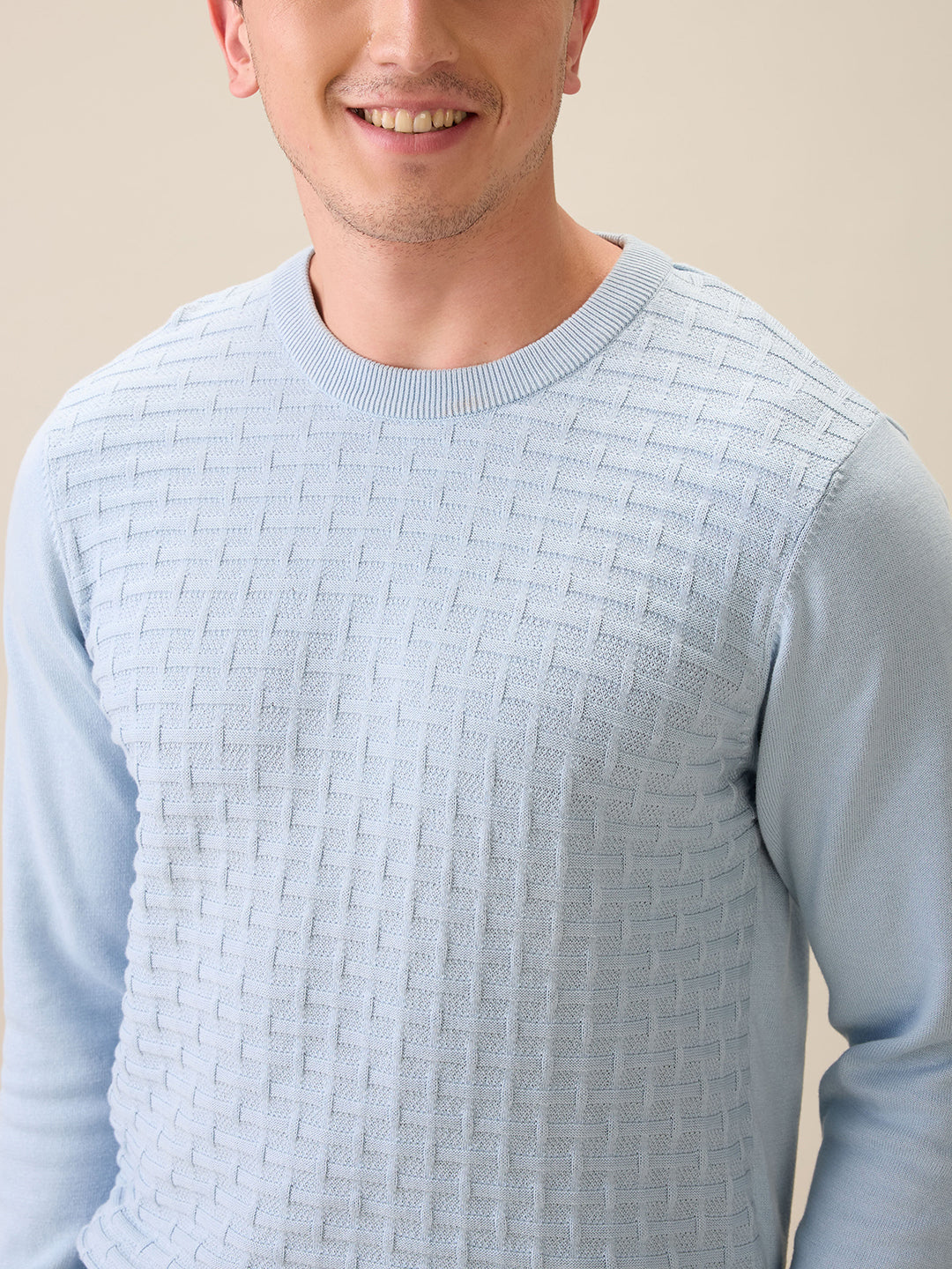 Colorplus Men Blue Jacquard Regular Fit Cotton Full Sleeve Round Neck Collar Sweater