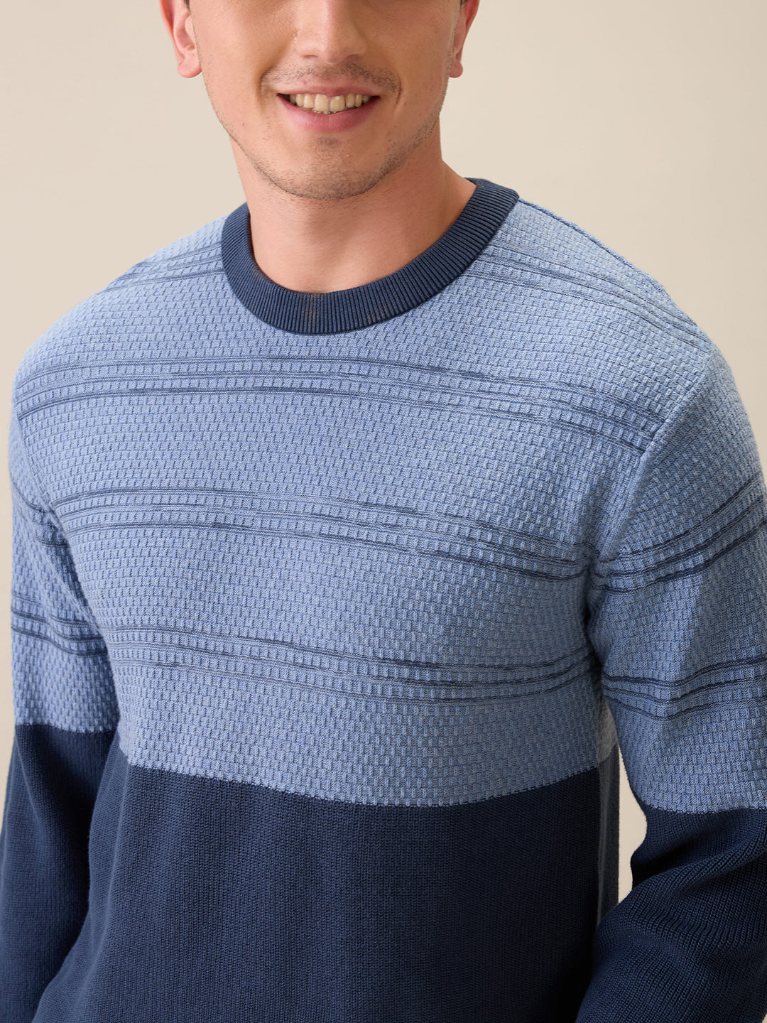 Colorplus Men Grey Jacquard Regular Fit Cotton Full Sleeve Round Neck Collar Sweater