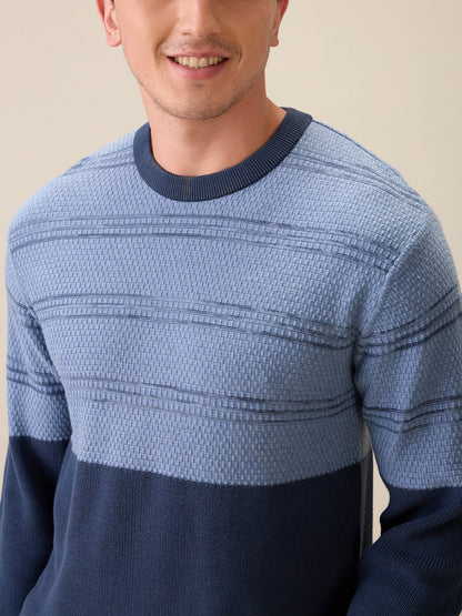 Colorplus Men Grey Jacquard Regular Fit Cotton Full Sleeve Round Neck Collar Sweater