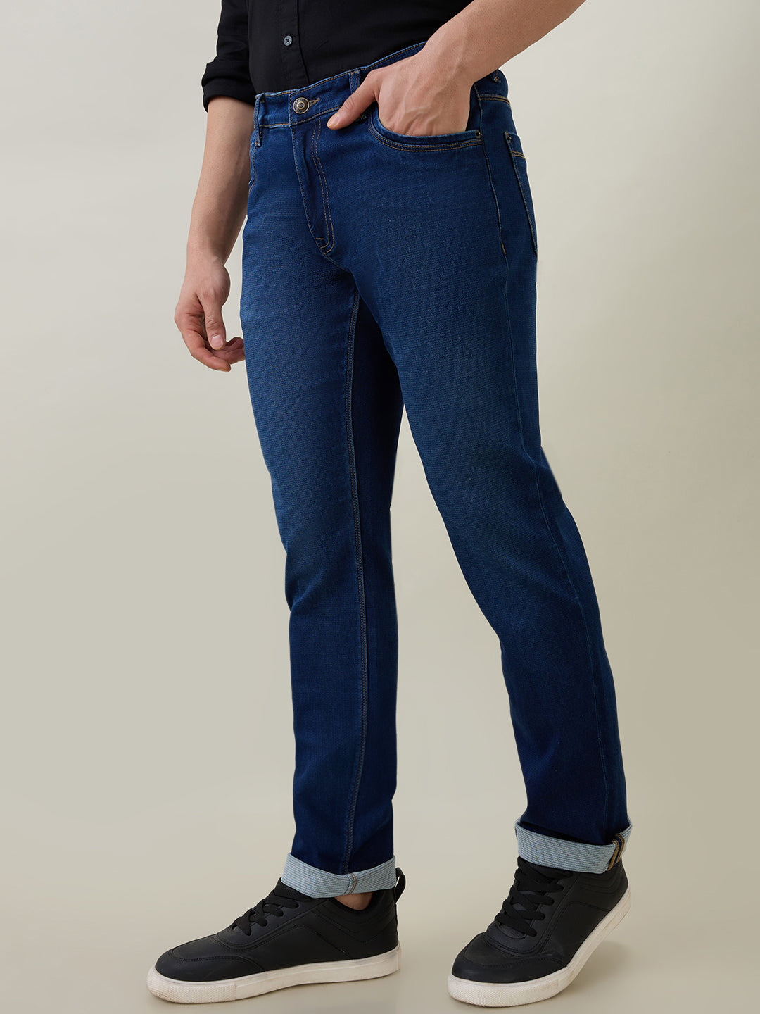 Colorplus Men Blue Plain Regular Fit Cotton Blend Jeans