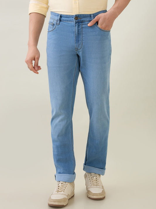 Colorplus Men Blue Plain Regular Fit Cotton Blend Jeans