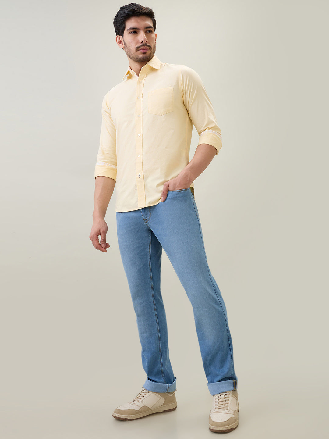 Colorplus Men Blue Plain Regular Fit Cotton Blend Jeans