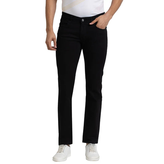 Men Black Tapered Fit Solid Cotton Blend Jeans