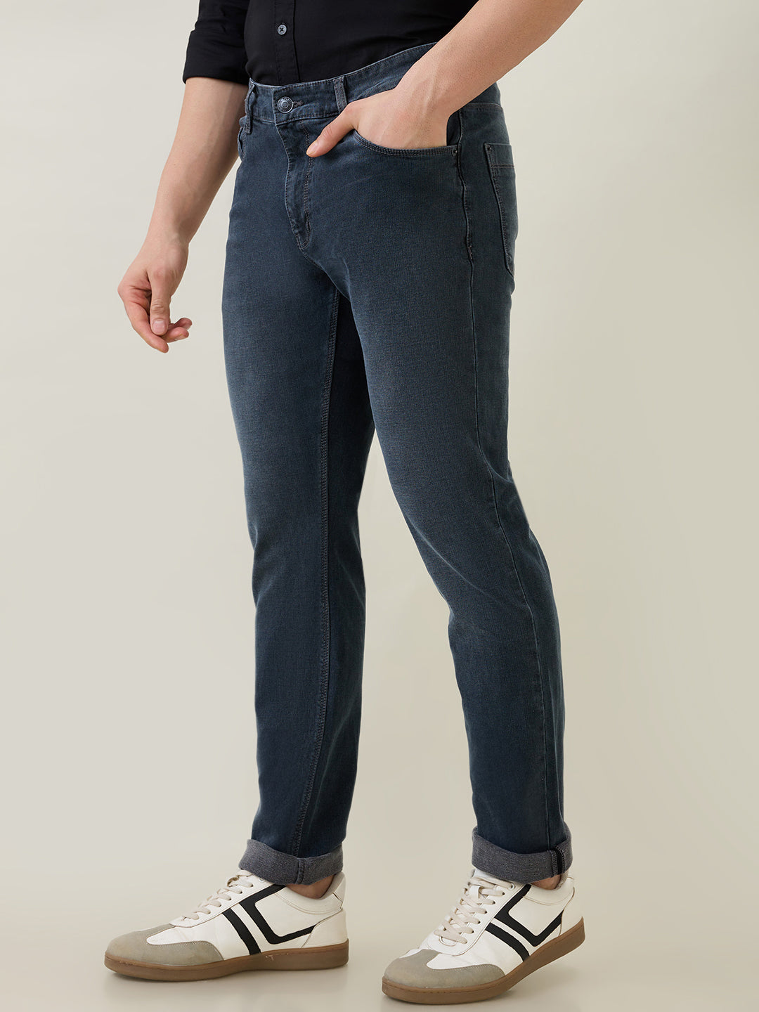 Colorplus Men Grey Plain Mid Rise Slim Fit Cotton Blend Jeans