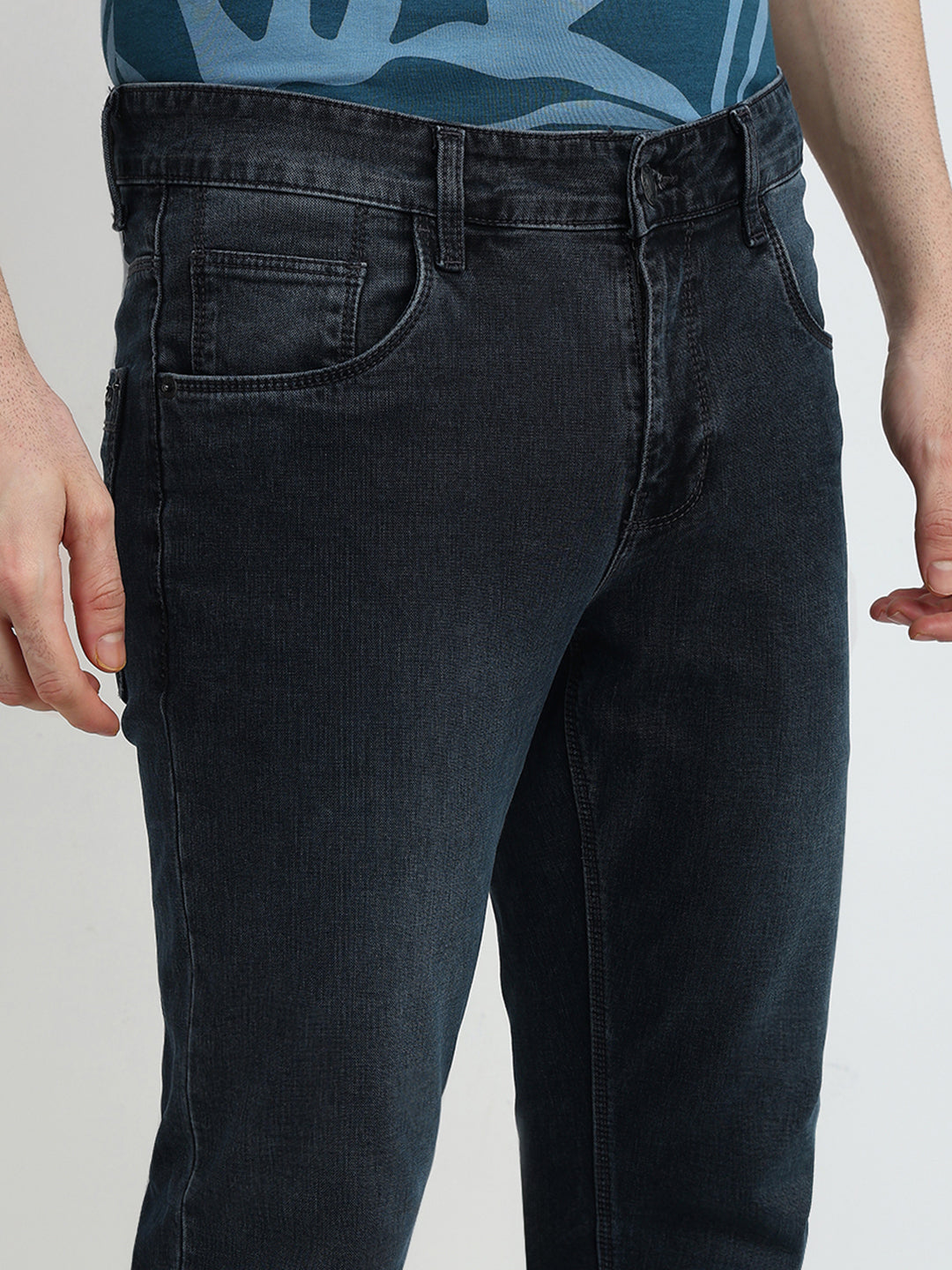 Colorplus Men Grey Plain Mid Rise Slim Fit Cotton Blend Jeans