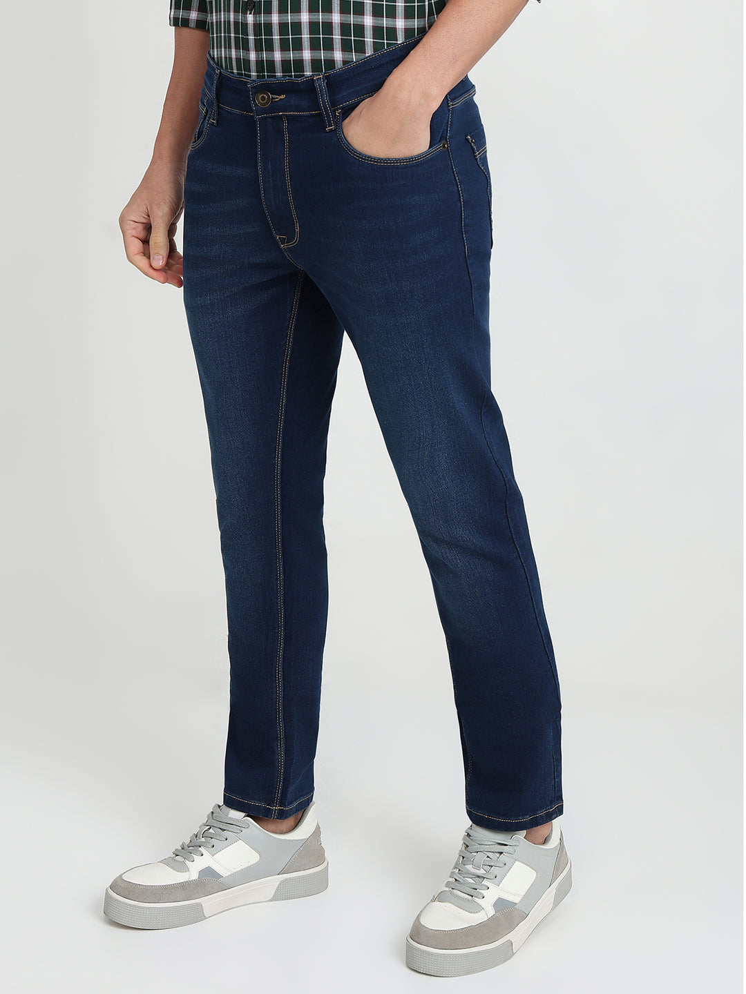 Colorplus Men Blue Plain Mid Rise Slim Fit Cotton Blend Jeans