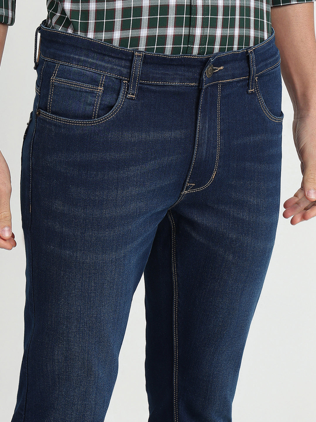 Colorplus Men Blue Plain Mid Rise Slim Fit Cotton Blend Jeans