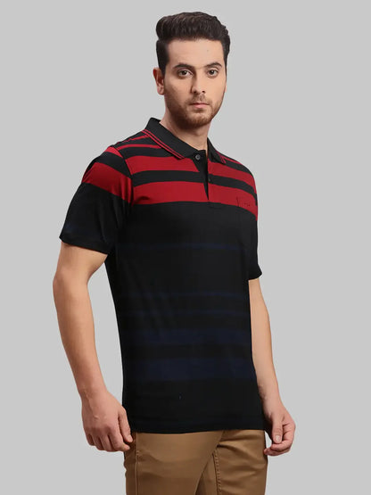 Men Black Classic Fit Stripe Cotton Half Sleeve T-Shirt