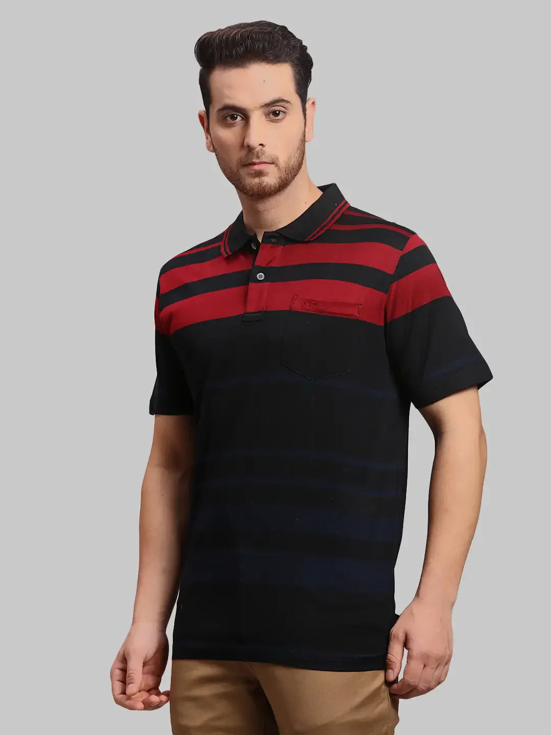 Men Black Classic Fit Stripe Cotton Half Sleeve T-Shirt