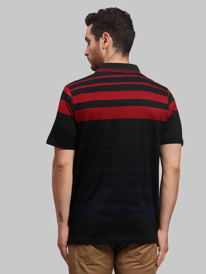 Men Black Classic Fit Stripe Cotton Half Sleeve T-Shirt