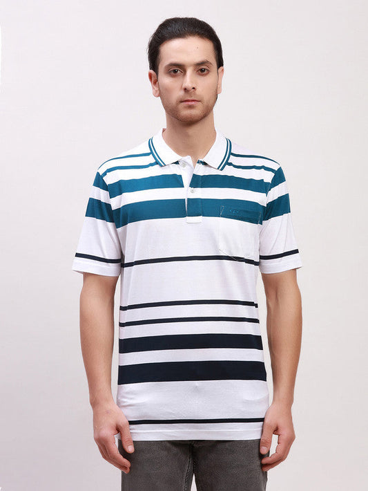 Colorplus Men White Striped Classic Fit Half Sleeve Polo Neck T-Shirt