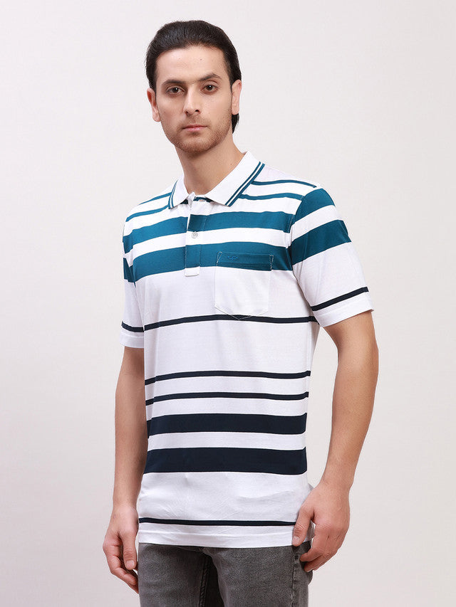 Colorplus Men White Striped Classic Fit Half Sleeve Polo Neck T-Shirt