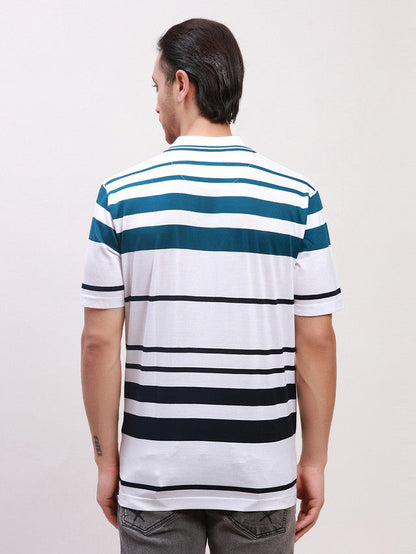 Colorplus Men White Striped Classic Fit Half Sleeve Polo Neck T-Shirt