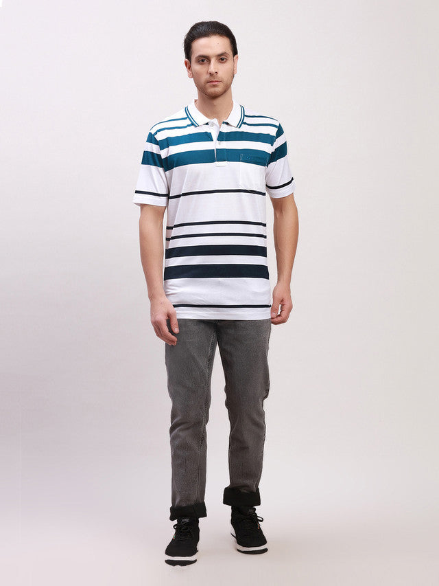 Colorplus Men White Striped Classic Fit Half Sleeve Polo Neck T-Shirt