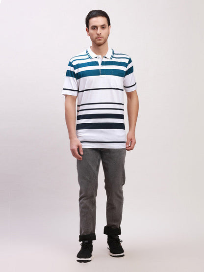 Colorplus Men White Striped Classic Fit Half Sleeve Polo Neck T-Shirt