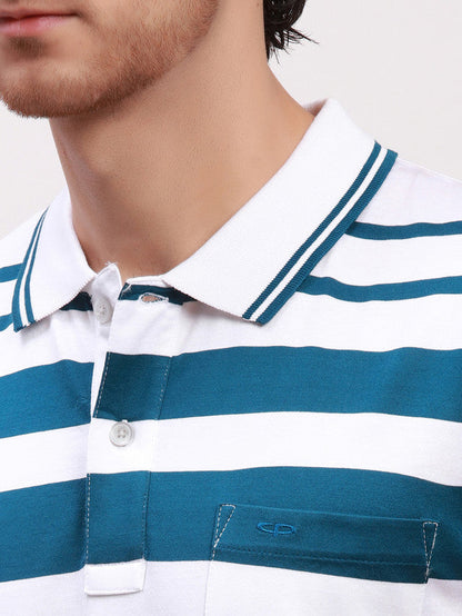 Colorplus Men White Striped Classic Fit Half Sleeve Polo Neck T-Shirt