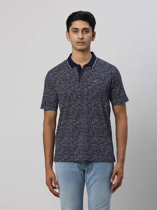 Colorplus Men Blue Printed Comfort Fit Half Sleeve Polo Neck T-Shirt