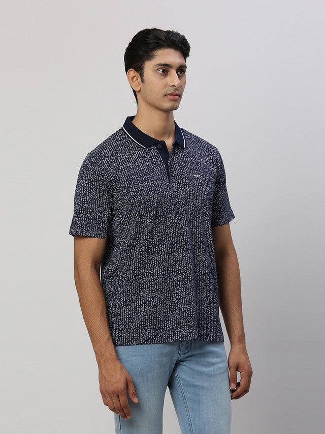 Colorplus Men Blue Printed Comfort Fit Half Sleeve Polo Neck T-Shirt