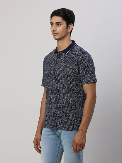 Colorplus Men Blue Printed Comfort Fit Half Sleeve Polo Neck T-Shirt