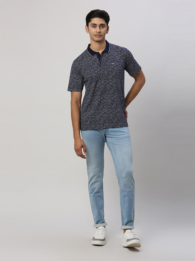 Colorplus Men Blue Printed Comfort Fit Half Sleeve Polo Neck T-Shirt