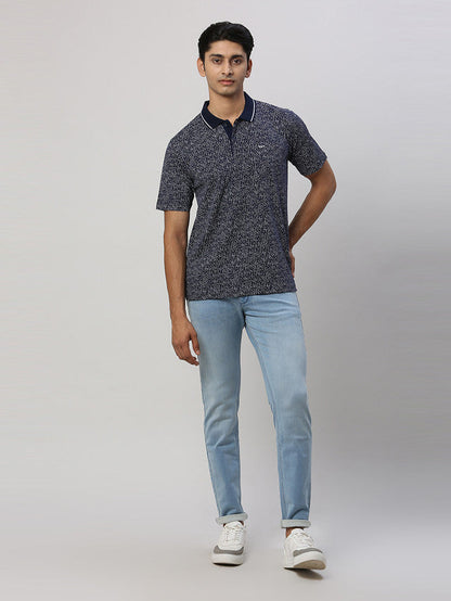 Colorplus Men Blue Printed Comfort Fit Half Sleeve Polo Neck T-Shirt