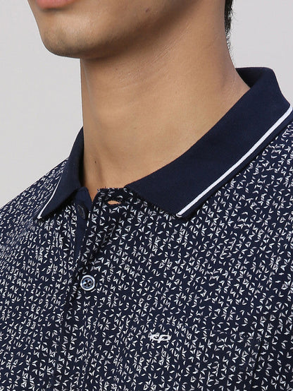 Colorplus Men Blue Printed Comfort Fit Half Sleeve Polo Neck T-Shirt