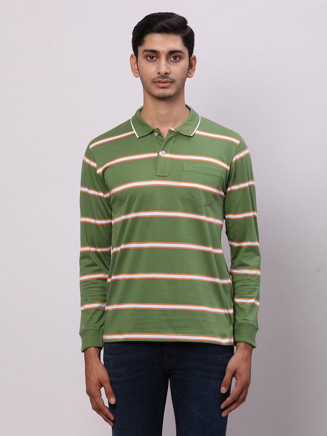 Colorplus Men Green Stripe Regular Fit Cotton T-Shirt