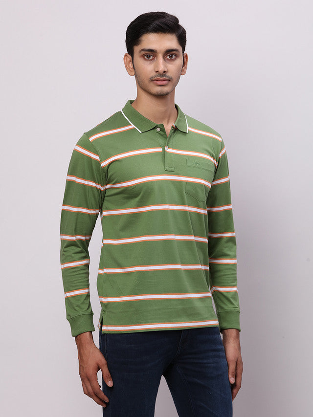 Colorplus Men Green Stripe Regular Fit Cotton T-Shirt