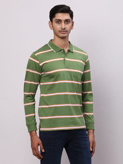 Colorplus Men Green Stripe Regular Fit Cotton T-Shirt