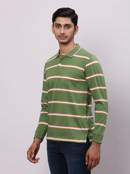 Colorplus Men Green Stripe Regular Fit Cotton T-Shirt