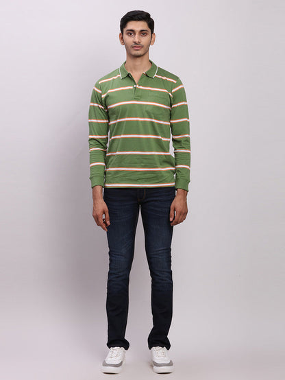 Colorplus Men Green Stripe Regular Fit Cotton T-Shirt