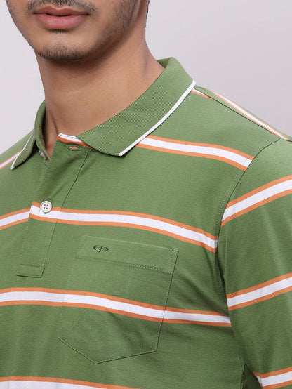 Colorplus Men Green Stripe Regular Fit Cotton T-Shirt