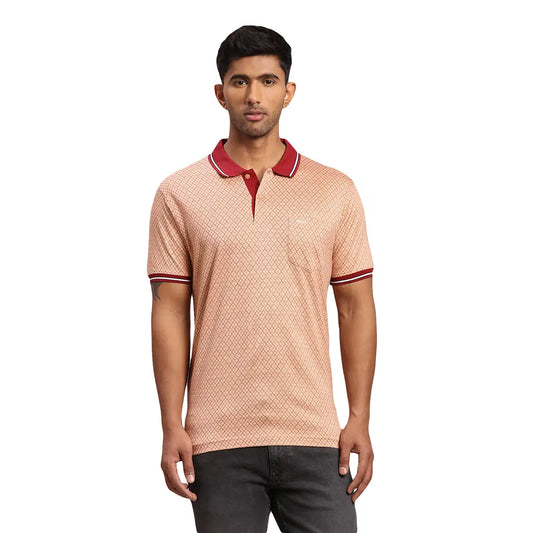 Men Red Tailored Fit Jacquard Cotton Half Sleeve T-Shirt
